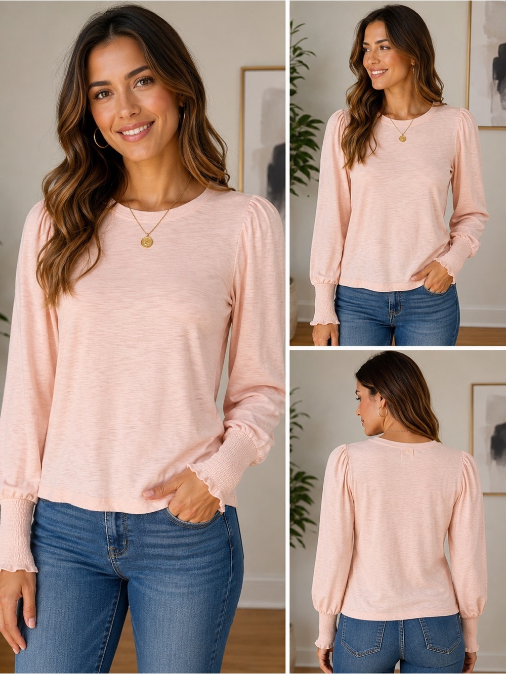 Nation LTD Blush Pink Puff Sleeve Top Smocked Cuffs Pima Cotton Size S